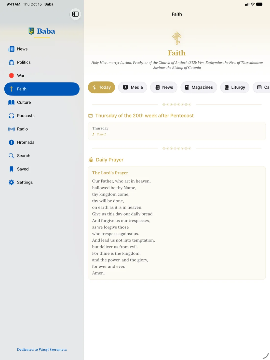 Baba Faith section on iPad showing the day's feast, fasting and readings