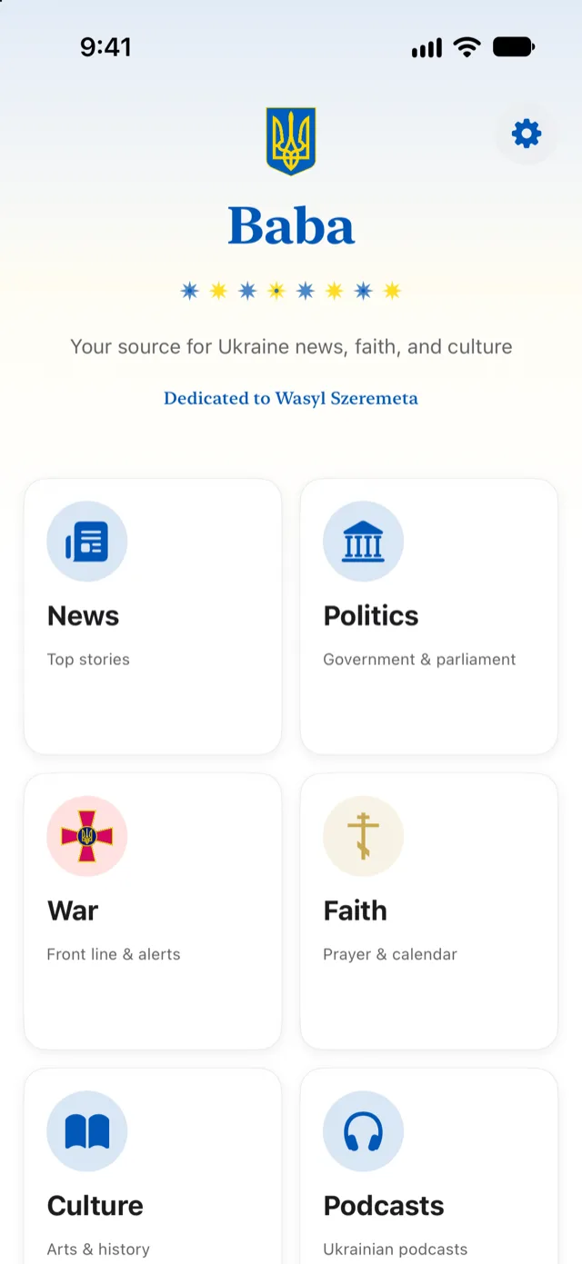 Baba's home screen on iPhone: large tiles for News, Politics, War and Faith