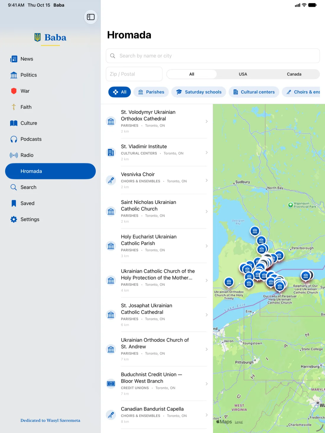 Hromada on iPad: a map of Ukrainian parishes and organisations in Toronto beside the list, nearest first