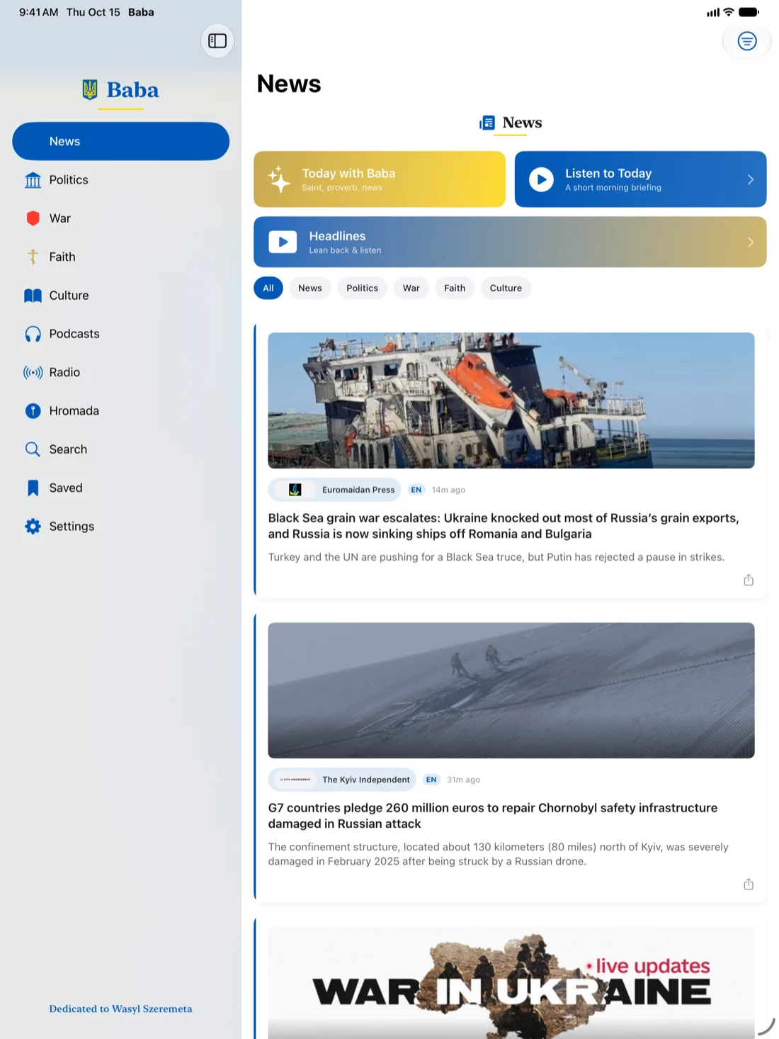 Baba News on iPad: a sidebar of sections and a feed of Ukrainian headlines