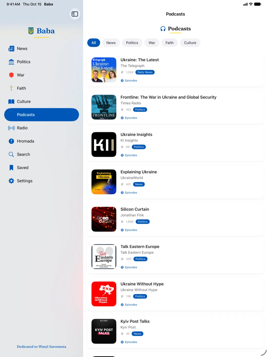 Baba Podcasts on iPad: a grid of Ukrainian podcast artwork